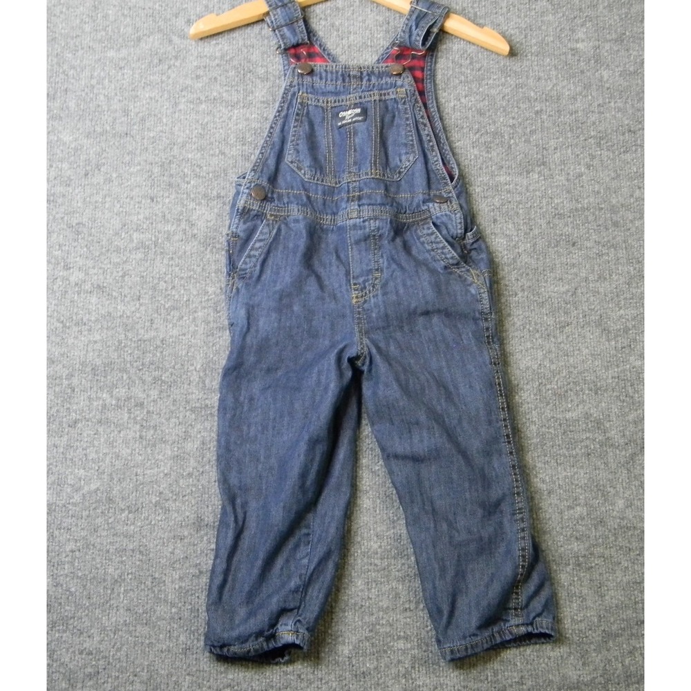 OshKosh B'gosh 3T Denim Overalls Plaid Lined Vestbak Toddler Boys Blue
